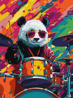 a painting of a panda bear with sunglasses on playing the drums in front of colorful paint splatters