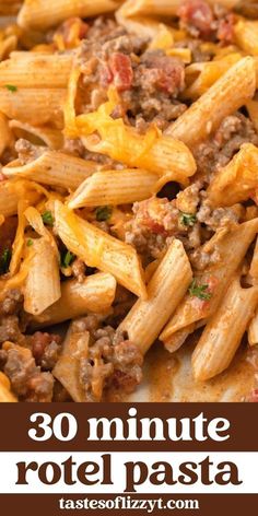 a plate full of pasta with meat and cheese on it, the title reads 30 minute roti pasta