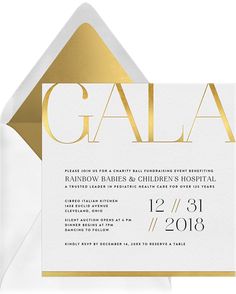 a white and gold wedding card with the word gala on it's front side