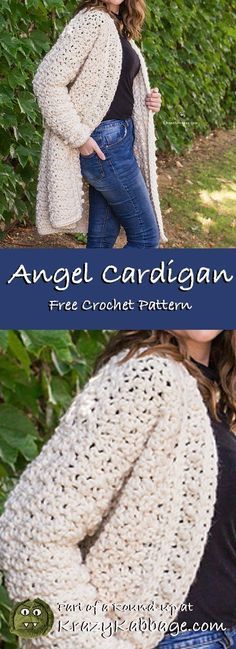 an image of a woman wearing a crochet cardigan and jeans with the words angel