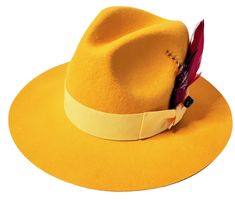 Wool felt fedora with satin lining, grosgrain fabric band and hat pin Material:100% Wool Felt Sizes: M/L and L/XL Brim: 3.5" Stiff Brim Satin Lining Hat Pin Tuscany Yellow, Dressy Style, Mens Fedora, Yellow Hat, Felt Fedora, Head Shots, Dressy Fashion, Hat Box, Hat Pin