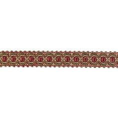 a red and gold ribbon with an ornate design on the end, in two rows