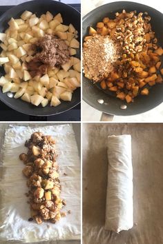 four pictures showing different types of food being cooked in pans and on paper towels