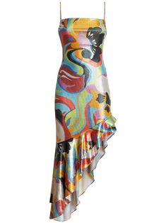 multicolour all-over graphic print square neck spaghetti straps asymmetric hem ruffle hem Multicolor Print Midi Party Dress, Multicolor Print Midi Dress For Party, Chic Multicolor Asymmetrical Dress For Party, Party Dress With Multicolor Abstract Print, Party Dresses In Multicolor Abstract Print, Multicolor Abstract Print Party Dress, Multicolor Spaghetti Straps Midi Dress For Party, Chic Asymmetrical Multicolor Dress, Chic Multicolor Asymmetrical Dress