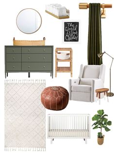 a collage of furniture and decor items including a crib, chair, dresser, mirror, rug, lamp, plant