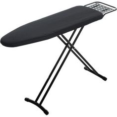 the ironing board is black and has an iron on it's side,