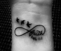 a wrist tattoo with three birds and the word faith on it's left side