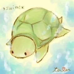 a drawing of a green turtle swimming in the water with bubbles on it's back