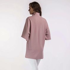 Pink Half Sleeve Irregular Front Split Turtleneck Elegant Loose Blouse Chic High Neck Blouse For Fall, Chic High Neck Fall Blouse, Stand Collar Blouse For Fall, Chic Stand Collar Tops For Spring, Solid Color Stand Collar Blouse For Fall, Chic Spring Top With Stand Collar, Chic Oversized Asymmetrical Blouse, Fall Daywear Top With Stand Collar, Fall Stand Collar Top For Daywear