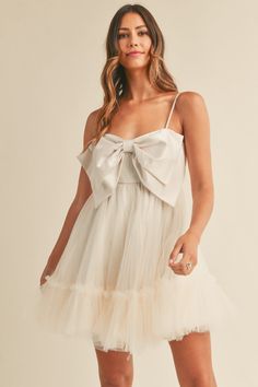 Front Bow Babydoll Mini Dress | Evercado Baby Doll Dress Homecoming, Homecoming Dresses Bow In The Back, Baby Doll Homecoming Dress, Bow Front Dress, Bow Homecoming Dress, Babydoll Wedding Dress, Front Bow Dress, Senior Clothes, Classy Mini Dresses