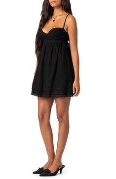 Scalloped eyelet-embroidered trim adds a dainty touch to this cotton minidress cut in a charming babydoll silhouette. Sweetheart neck Adjustable straps 100% cotton Machine wash, dry flat Imported Gothic Babydoll Dress, Black Babydoll Dress, Black Babydoll, Hoco Dress, Xmas List, Embroidered Trim, Platform Wedge Sandals, Hoco Dresses, Sweetheart Neck