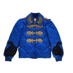 Gucci lightweight quilted parachute nylon bomber jacket.Approx. 21.3"L from shoulder to hem.Spread collar; zip front and toggle closures.Long sleeves; ribbed, elasticized cuffs.Paisley appliqués on the sleeves.Embroidered spaniel dog appliqués with flames on back.Fitted silhouette.Straight hem.Nylon.Made in Italy.  Our products are 100% genuine. In some cases we purchase merchandise from trusted independent suppliers and not directly from the brand owner. In all cases we stand by the authenticit Gucci Spring Streetwear Outerwear, Designer Gucci Outerwear With Ribbed Cuffs, Designer Nylon Puffer Jacket For Fall, Blue Gucci Outerwear For Spring, Gucci Blue Outerwear For Spring, Gucci Blue Spring Outerwear, Designer Quilted Nylon Outerwear, Luxury Spring Outerwear With Ribbed Cuffs, Gucci Fall Outerwear