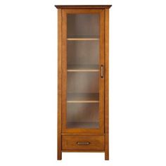 a tall wooden cabinet with glass doors on the front and bottom shelves, against a white background