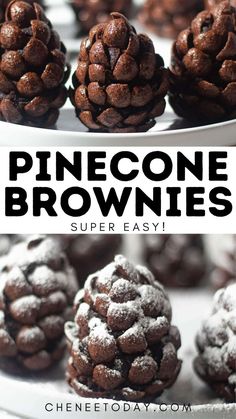 chocolate brownies with powdered sugar on top and the words, pinecone brownies super easy