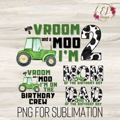 a green tractor birthday party sign with the number two on it's front and bottom