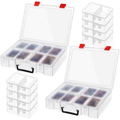 four clear plastic storage boxes with dividers and lids on each side are shown in three different positions