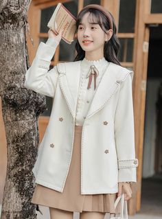 Flower Pop Short Trench Coat (Off-White) Short Trench Coat, Stitch Lines, Autumn Outfits, Cute Flower, Overall Dress, Sweater Blouse, Cardigan Jacket, Contrast Stitch, White Shoes