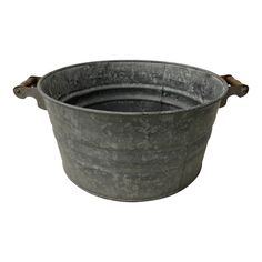 an old metal bucket is shown on a white background with clippings to the side