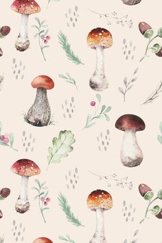 watercolor mushrooms and leaves on a white background