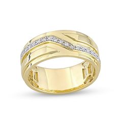 With a modern look, this sleek diamond ring brings contemporary appeal to his attire. Fashioned in sterling silver with yellow rhodium plate, this choice showcases a row of diamonds that slants along the center - artfully highlighted by raised sculpted details. Captivating with 1/10 ct. t.w. of diamonds and a bright polished shine, this design is just his style. Custom-made to fit his ring size. Sterling silver bands cannot be resized after purchase. His Ring, Silver Bands, Multi Ring, Round Solitaire Engagement Ring, Peoples Jewellers, Men Diamond Ring, Size 10 Rings, Men's Rings, Sterling Silver Bands