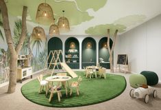 children's playroom with green walls and palm trees