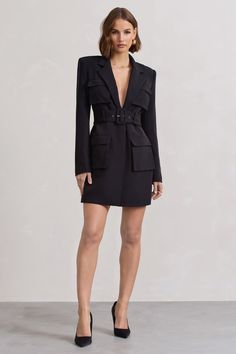 Genesis Black Belted Utility Blazer Dress – Club L London - USA Office Suits, Blazer Mini Dress, Deep V Dress, Sleek Bun, Lace Skater Dress, Bustier Dress, Plunge Neckline, Stretch Crepe, Beautiful Ladies