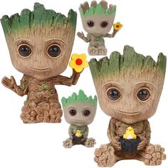 three baby groots with flowers in their hands and one is holding a flower