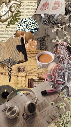 a collage of books, coffee cups and other items