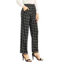 These trousers are essential for dressing up or down. Lightweight fabric, covered in a plaid pattern, shapes these trendy trousers with a high-rise fit. How it is a bit high waist and how it gathers at the waist adding shape to the body. You may love everything about these trousers, from their regular fit to the elastic high-waist, which could double as a hiding mechanism for women with love-handles. Style these trousers with a crop top and heels for the ultimate look. Occasion: Shopping, Social Plaid Ankle-length Pants With Pockets, Chic Plaid Straight Leg Pants, Chic High-waisted Plaid Pants, Trendy Non-stretch Plaid Bottoms, Trendy Fitted Plaid Pants, Plaid Bottoms With Pockets For Business Casual, Plaid Pants With Pockets For Business Casual, Plaid Business Casual Pants With Pockets, Plaid Straight Leg Work Pants