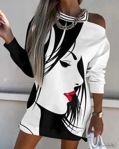 Lasaky - Figure Print Off Shoulder Long Sleeve Dress Cold Shoulder Long Sleeve, Long Sleeve Print Dress, Black Long Sleeve Dress, Sleeve Dresses, Long Sleeve Mini, Print Pullover, Sweatshirt Dress, White Casual, Long Sleeve Mini Dress