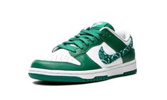 The Women’s Nike Dunk Low “Green Paisley” is a women’s-exclusive colorway that switches up the design of the Swoosh branding on the classic basketball and lifestyle shoe.  From Nike’s Spring 2022 release cycle, the “Green Paisley” features the same two-tone color block of many legendary Dunk styles, albeit with a modified green paisley Swoosh on the sides that replaces the model’s standard leather branding.  The upper is complete white a white leather base with contrasting green leather overlays Dunk Low Paisley, Womens Dunk Low, Nike Brand, Casual Sneakers Women, Nike Womens, Green Shoes, Nike Dunk Low, Sneaker Collection, Dunk Low