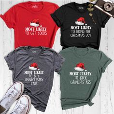 Christmas Crew Shirt, Family Christmas Tee, Most Likely To Shirt, Matching Christmas Tee, Custom Christmas Party Tee, Xmas Santa Hat Tee Get ready for the holiday season with our festive Christmas Shirts and Christmas Crew Shirt collection! Perfect for every Christmas group gathering, this Christmas Party Tee adds a touch of holiday cheer to any celebration. Whether you're rocking a Family Christmas Tee or the fun "Most Likely To" Tee, these designs are sure to stand out. Ideal for your Xmas Shi Family Christmas Party, Group Shirts, Xmas Shirts, Team Shirts, Crew Shirt, Christmas Tees, Shirt Collection, Custom Christmas, Santa Hat