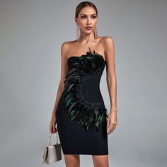 Black Feather Dress, Lace Bandage Dress, Black Bandage Dress, Green Bodycon Dress, Bandage Midi Dress, Evening Dresses For Weddings, Lace Bodycon, Lace Bodycon Dress, Feather Dress