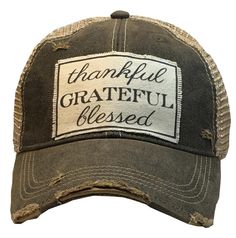 Details Vintage Distressed Trucker Cap "Thankful Grateful Blessed"Color: Black Distressed Material: Cotton/Polyester blend, Mesh backSize: One size fits most, with an adjustable snapback. Unisex cap. Gray Distressed Hat, One Size Fits Most, Gray Distressed Baseball Cap, Gray Distressed Cap, Distressed Gray Cap, Distressed Adjustable Snapback Hat, Adjustable Gray Trucker Hat With Letter Print, Adjustable Gray Distressed Hat, Adjustable Soft-washed Snapback Baseball Cap, Adjustable Distressed Gray Hat