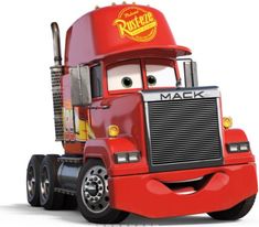 the character mack from cars is shown in this cartoon style truck, which appears to be painted red and yellow