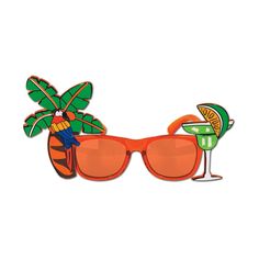 a pair of sunglasses with palm trees and orange glasses on top of each one,