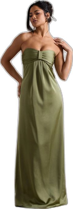 April | Olive Green Satin Sweetheart Maxi Dress