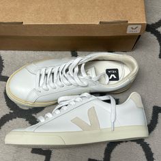 Espar Logo Leather Veja Sneakers Size 8 (Do Run Large) I Would Say Fit Like A Size 9 Color: Extra White/Sable White Laces Never Worn Veja Shoes, Veja Sneakers, Shoes Women, Womens Shoes Sneakers, White Lace, Shoes Sneakers, Women Shoes, Running, Sneakers