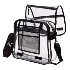 Peekaboo & Cos clear messenger bag is outstanding for work, school, Nascar and other events when it's necessary to see what's inside. It keeps items in the bag easy to locate and protected from water with this high quality cold resistant clear PVC material! It features a large zippered main compartment with double zippers for easy opening. This also offers a second compartment for folders and other items, three layer open mesh pockets for smaller items such as pens, pencils and calculator. The front flap offers two zippered pockets for more storage with silver reflective tape below each zipper for safety at night and a padded, adjustable, detachable shoulder strap which also features our embroidered logo. Metal hardware for added durability. This item can also be modified for large orders Messenger Bags For School, Reflective Tape, Pvc Vinyl, Three Layer, Simple Bags, Deep Colors, Pvc Material, Messenger Bags, Black Trim