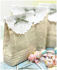 some paper bags are sitting on a table