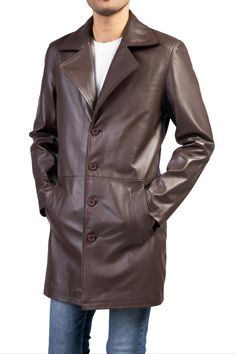 Specification Material: Real Leather Style: Trench Coat Color: Black Lining: Polyester Closure: Front Button Brown Button-up Semi-formal Outerwear, Semi-formal Brown Button-up Outerwear, Fitted Brown Outerwear With Hidden Button Closure, Brown Business Outerwear With Buttons, Masculine Brown Outerwear For Business, Masculine Brown Business Outerwear, Business Leather Jacket With Lapel Collar And Button Cuffs, Brown Outerwear With Lapel Collar And Hidden Button Closure, Brown Outerwear With Hidden Button And Lapel Collar