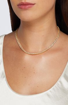 Connected streams of bezel-set cubic zirconia, large and small, emit a lustrous glow from this collar necklace. 15" length; 1/2" extender Goldtone or silvertone plate/cubic zirconia Imported Collar Necklace, Bezel Setting, Cubic Zirconia, Silver Tone, Gold Tones, Nordstrom, Collar, Gold