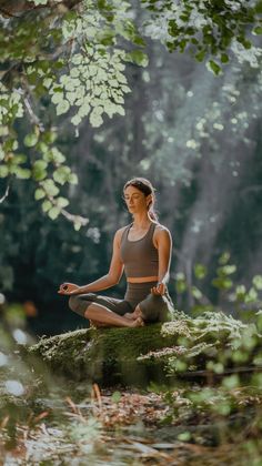 a woman sitting on top of a moss covered rock in a forest doing yoga exercises