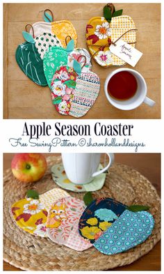 an apple season coaster sitting on top of a table next to a cup of tea