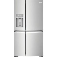 a stainless steel refrigerator freezer with water dispenser on the front and bottom