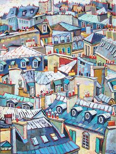 an oil painting of rooftops and buildings