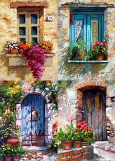 a painting of an old building with flowers and potted plants on the windowsill