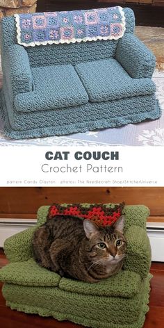 a cat sitting on top of a green couch next to a rug with the caption cat couch crochet pattern