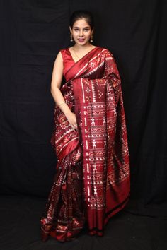 Weaver communities of Maniabandha and Nuapatana of Odisha traditionally weave this kind of saree. Common motifs are star, temple, conch, rudraksh, fish, chakra, lotus etc. The inspiration of all its designs comes from nature. It is the best of single ikat; one of warp and weft is tied and dyed prior to weaving. The borders and the pallas have tremendous variety and each one of them is attractive and praiseworthy. Specification:  Occasion: Festive Wear Fabric: Mulberry Silk,  Primary Color: Maroo Red Tussar Silk Pre-draped Saree For Festivals, Festive Pre-draped Saree With Weaving Work, Red Tussar Silk Pre-draped Saree With Motifs, Traditional Pre-draped Saree With Woven Motifs For Diwali, Festival Pre-draped Chanderi Saree With Woven Motifs, Ceremonial Saree With Traditional Patterns For Festivals, Traditional Art Silk Saree With Woven Motifs, Festival Banarasi Silk Saree With Woven Motifs, Festival Katan Silk Saree With Woven Motifs