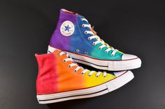 Please follow me on Facebook and Instagram! www.facebook.com/ColorsoftheRainbowCustomDyes/ https://www.instagram.com/colorsoftherainbowcustomdyes/ This listing is for one brand new unworn pair of hand dyed authentic Converse All Star High Top shoes dyed as pictured. The colors are dark green, navy blue, purple, red, orange and yellow. Shipping is FREE and the shoes will be shipped in their original box. Each pair is hand dyed by me in an ombre design using permanent, colorfast dyes. As each desi Dye Converse, Tie Dye Converse, Rainbow Converse, Baskets Converse, How To Dye Shoes, Mode Shoes, Yellow Boots, Neon Rainbow, Womens Shoes High Heels